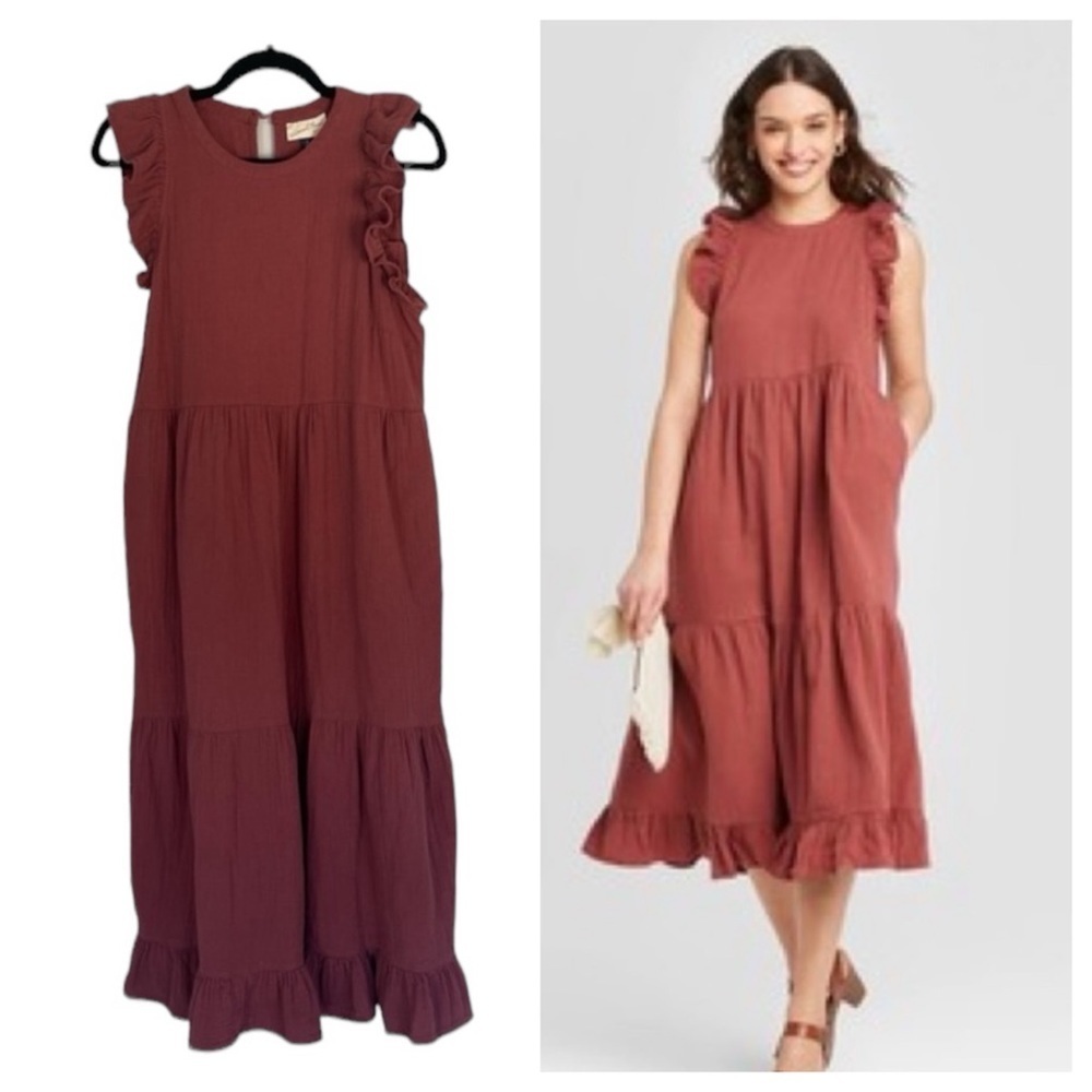Universal Thread Boho 100% Cotton Tiered Ruffle Sleeve Midi Dress Size M